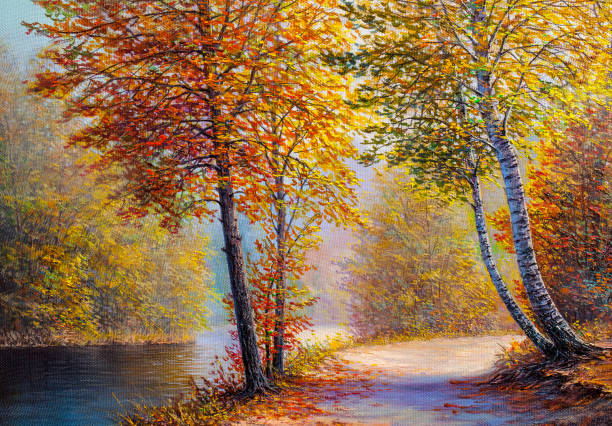 ilustraciones, imágenes clip art, dibujos animados e iconos de stock de aceite de la pintura de paisaje de bosque de otoño colorido - painting artist landscape painted image