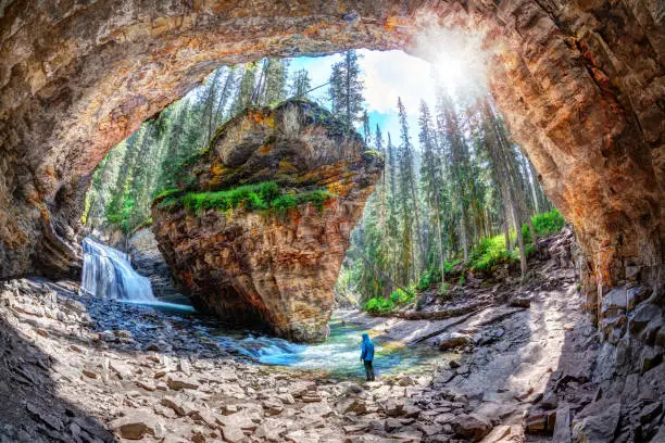 Photo of Hiker at Johnston Canyon Cave in Banff National Park Canada