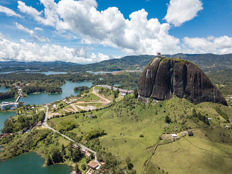 Shot of El PeÃ±ol of Guatape in Colombia - travel destinations concepts