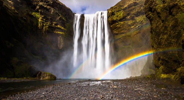 istock Skogafoss - May 04, 2018: Rainbows at the Skogafoss waterfall, Iceland 1015604592