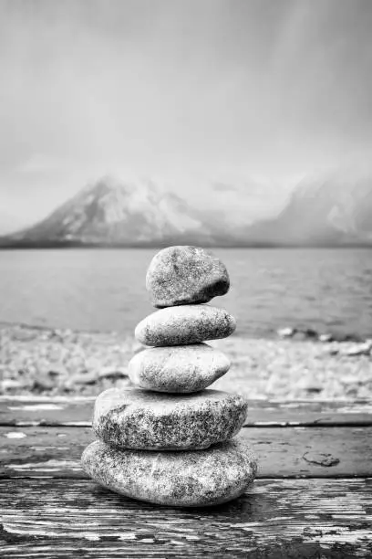 Photo of Black and white picture of balanced stones.