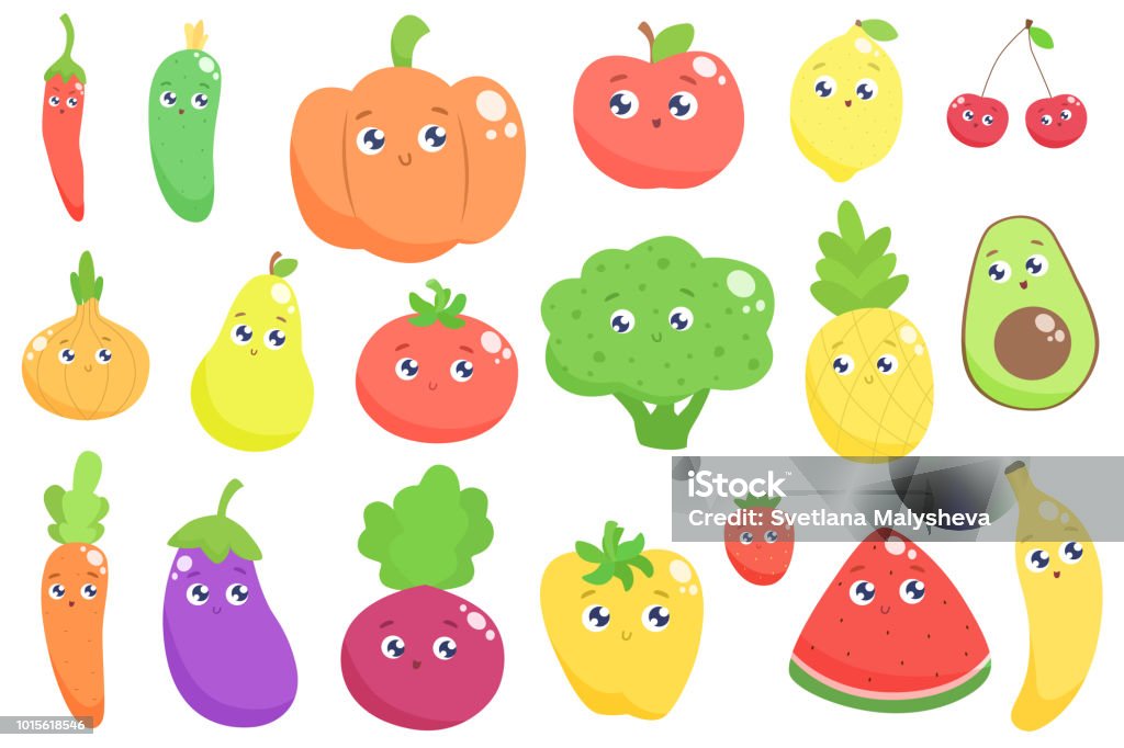 Ilustración de Conjunto De Dibujos Animados Frutas Y Verduras y más  Vectores Libres de Derechos de Alimento - Alimento, Baya, Brécol - iStock