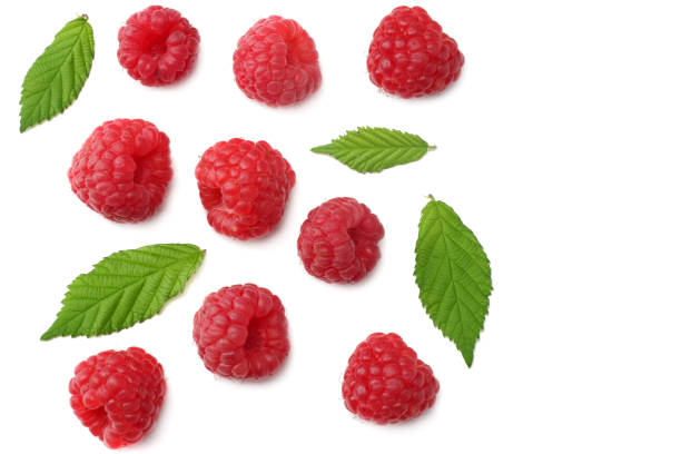 istock ripe raspberries with green leaf isolated on white background. top view 1015620964
