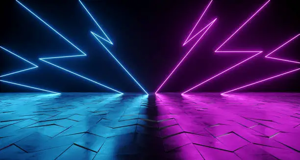 Futuristic Sci-Fi Thunderbolt Shaped Neon Tube Vibrant Purple And Blue Glowing Lights On Reflective Tilted Rough Concrete Surface In Dark Room Empty Space 3D Rendering Illustration