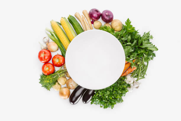 istock top view of food composition with fall harvest with empty plate in middle isolated on white 1015632098