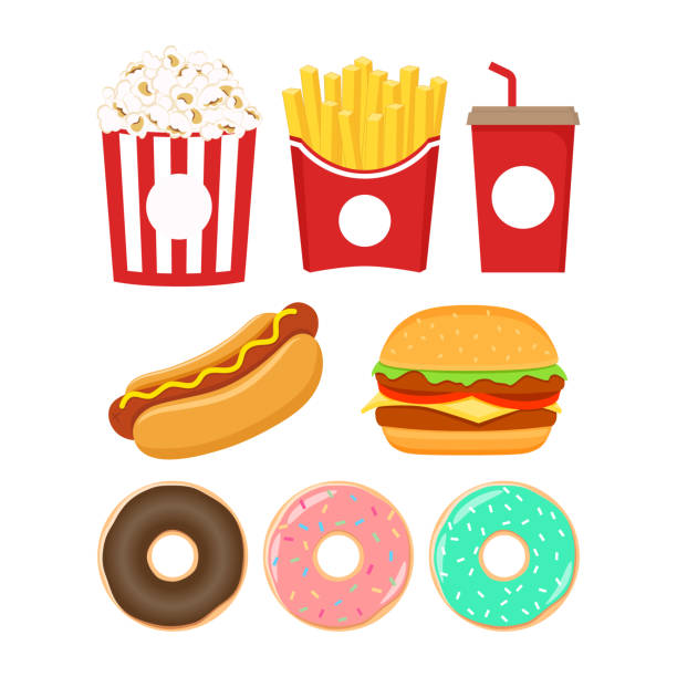 패스트 푸드 아이콘 설정합니다. 햄버거, 팝콘, 감자 튀김, 탄산 음료, 도넛, 핫도그 화려한 만화 세트. - 프렌치 프라이 stock illustrations