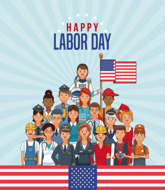 Happy labor day card Happy labor day card with people professions and jobs cartoons vector illustration graphic design pics of the firefighter free stock illustrations