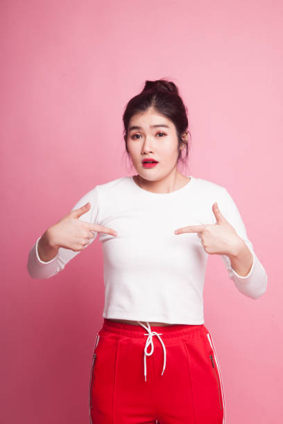 istock Young Asian woman point at herself ask why me. 1015639408
