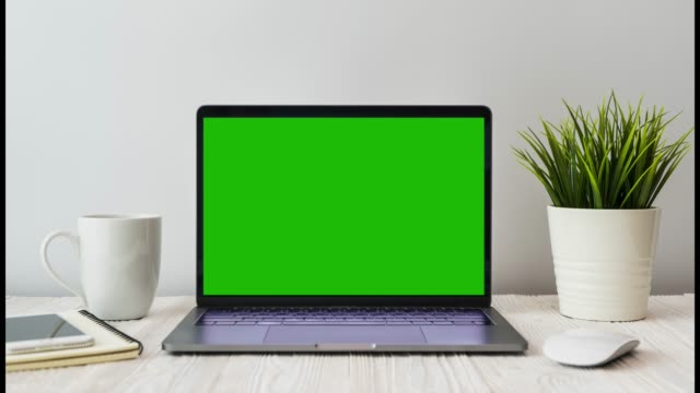 4k video computer laptop show green screen views for social marketing and business uses on wooden desk with a little tree decoration in modern office workplace.