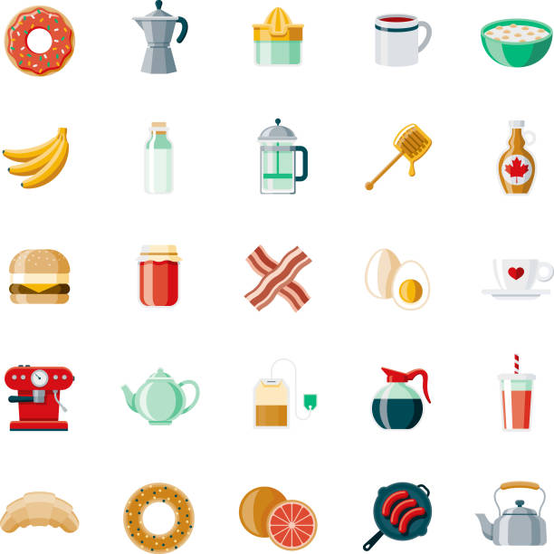 A set of 25 breakfast food and beverage themed icons. File is built in the CMYK color space for optimal printing, and can easily be converted to RGB. Color swatches are global for quick and easy color changes throughout the entire set of icons.