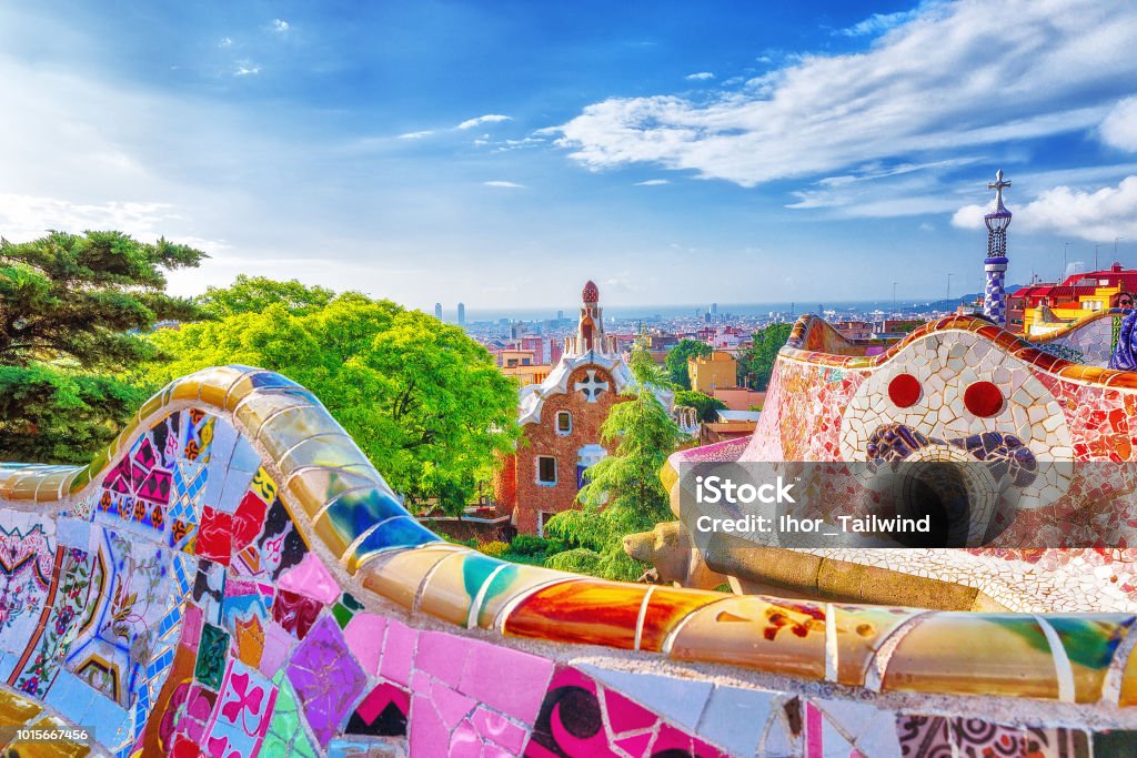 Barcelona, Spain. Gorgeous colorful view of Park Guell - the creation of great architect Antonio Gaudi. UNESCO world heritage site. Barcelona - Spain Stock Photo