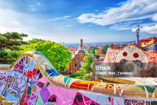 Barcelona Spain Gorgeous Colorful View Of Park Guell The Creation Of Great Architect Antonio Gaudi Unesco World Heritage Site Stock Photo - Download Image Now