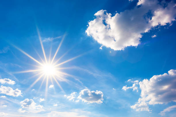 istock Sunny background, blue sky with white clouds and sun 1015694978