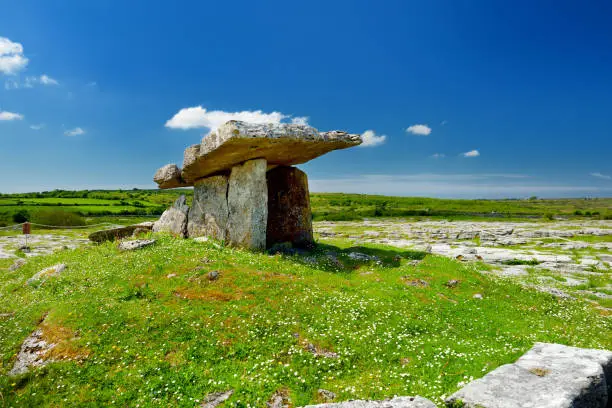 Photo of Poulnabrone dolmen, a neolithic portal tomb, popular tourist attraction located in the Burren, County Clare, Ireland