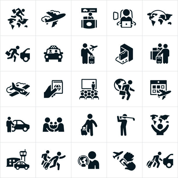 Business Travel Icons Icons related to business travel. The icons show business people at the airport, working, traveling, carrying luggage, at seminars, golfing and other business travel related concepts. business travel stock illustrations