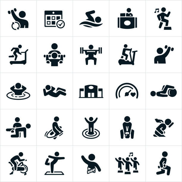 Fitness Facility Icons An icon set of people exercising at a fitness facility. The icons include weight lifting, cardio, swimming, running, aerobics, running on treadmill, a personal trainer, elliptical machine, sauna, sit-ups, jump roping, goals, kettle bell, massage, spin bike and yoga to name a few. practicing stock illustrations