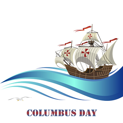 Sailing ship with stylized blue wave for Columbus Day design.