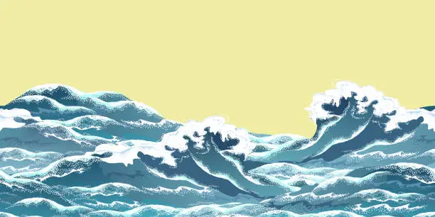 Vector illustration of Sea wave horizontal seamless pattern in oriental vintage ukiyo-e style, realistic vector illustration.