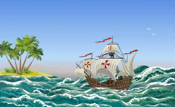 Vector illustration of Sailing ship with sea waves and tropical island, vector illustration for Columbus Day design.