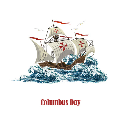 Sailing ship on sea waves, realistic vector illustration for Columbus Day on white background.