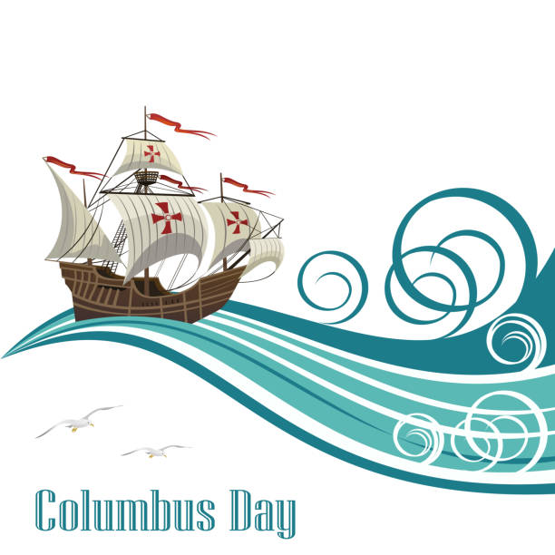 illustrations, cliparts, dessins animés et icônes de voilier avec des vagues vertes stylisées pour la conception de columbus day, vector illustration. - caravel