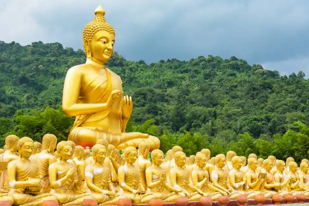 Sculpture Figures Buddhist Monks. Budha and 1250 Monks, at Phuttha Utthayan Makha Bucha Anusorn Nakhon Nayok, Thailand.