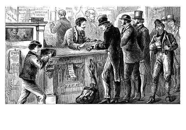 illustrazioni stock, clip art, cartoni animati e icone di tendenza di stock ufficio del mediatore, circa 1873 - wall street