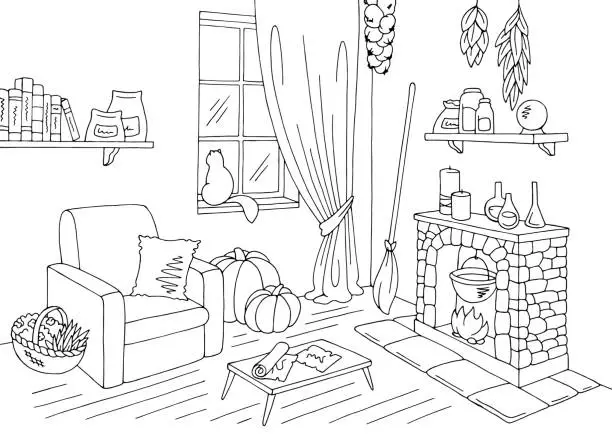 Vector illustration of Witch living room graphic black white home interior sketch illustration vector