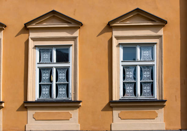 Prague. Window in the old house, decorated with traditional authentic lace