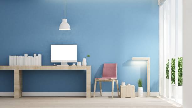 istock Working room and blue wall decorate for artwork - Study area or workplace in home or apartment ,Interior simple design- 3D Rendering 1015817746