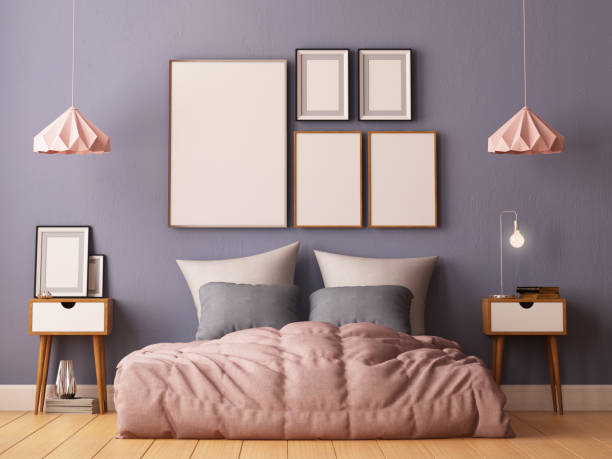 istock mock up posters in bedroom interior. Interior hipster style. 3d rendering, 3d illustration. 1015828346