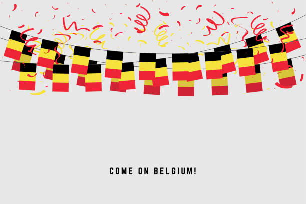 illustrazioni stock, clip art, cartoni animati e icone di tendenza di bandiera ghirlanda belga con coriandoli su sfondo grigio, appendi bunting per il belgio modello di celebrazione banner. - bandiera del belgio