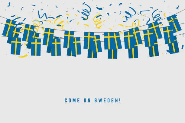 Vector illustration of Sweden garland flag with confetti on gray background, Hang bunting for Sweden celebration template banner.