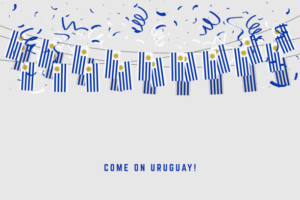 烏拉圭花環標誌與五彩紙屑在灰色背景, 懸掛彩旗為烏拉圭慶祝範本橫幅。 - uruguay 幅插畫檔、美工圖案、卡通及圖標