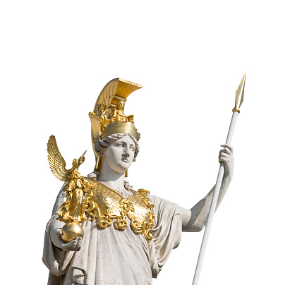 The statue of goddess Athena in front of the Austrian parliament in Vienna. The Athena Fountain (Pallas-Athene-Brunnen) in front of the Parliament was erected between 1893 and 1902 by Carl Kundmann, Josef Tautenhayn and Hugo Haerdtl.