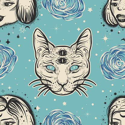 Dark witchy seamless pattern in tatto art style with four eyed lady, cat and roses