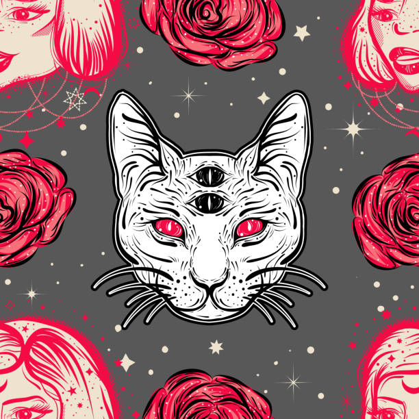 4 つの目をした女性、猫とバラのタトゥー アート スタイルで暗い魔女のシームレス パターン - third eye illustrations点のイラスト素材／クリップアート素材／マンガ素材／アイコン素材