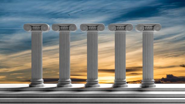 Five ancient pillars with sunset sky background. Five ancient pillars with sunset sky background. five columns stock pictures, royalty-free photos & images