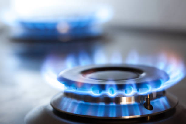 fogão de gás de cozinha com queima de gás propano de fogo - blue gas flame - fotografias e filmes do acervo