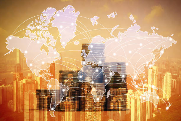 istock Double exposure of coin stack with city background and world map, financial graph, world map and global network business concept. 1015855862