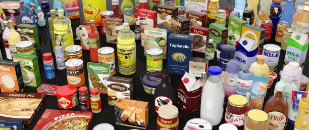 istock Various grocery products closeup, on black background with reflections 1015858584