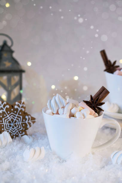 istock Cup of hot beverage with marshmallow and spices on snow background. 1015868410