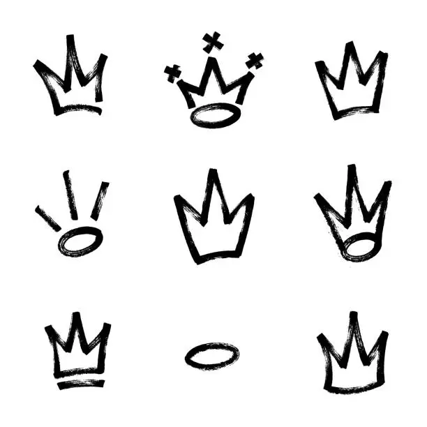 Vector illustration of Graffiti crown set in black over white. Drawn by marker. Vector illustration.