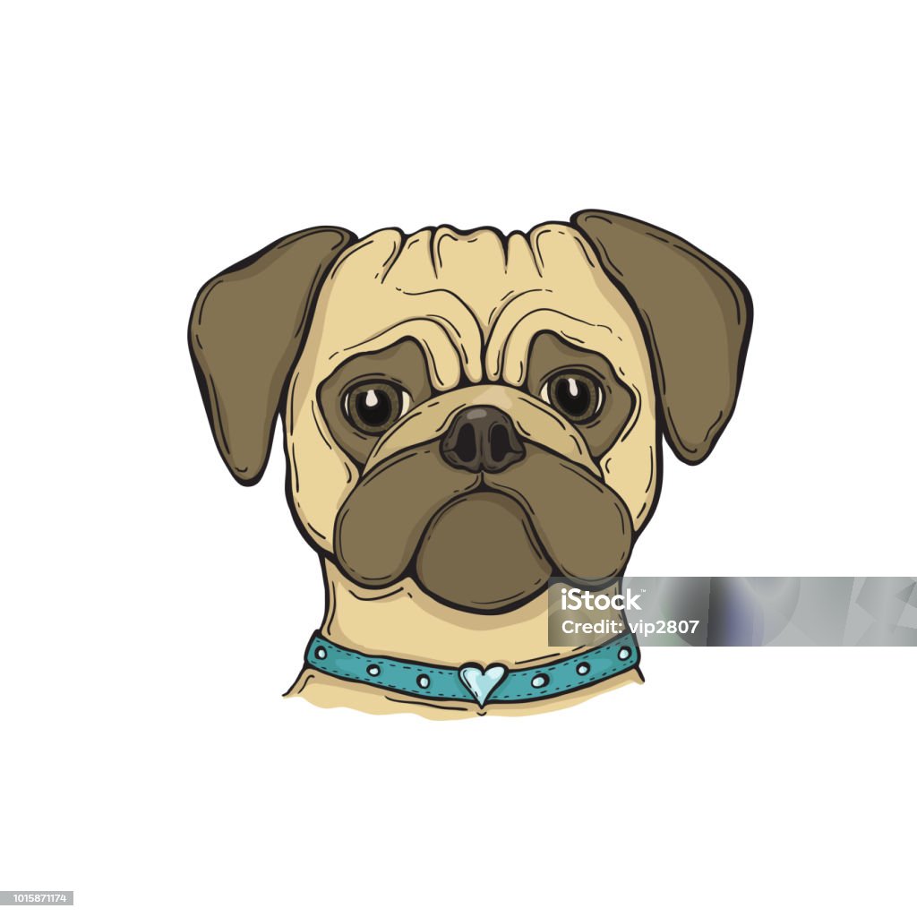 Head Dog pug with the collar, hand-painted portrait. Head Dog pug with the collar, hand-painted portrait. For tshirt, poster, card Animal stock vector