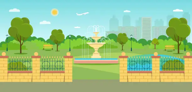 Vector illustration of Fountain and fence in the park. Summer landscape. Vector flat style illustration