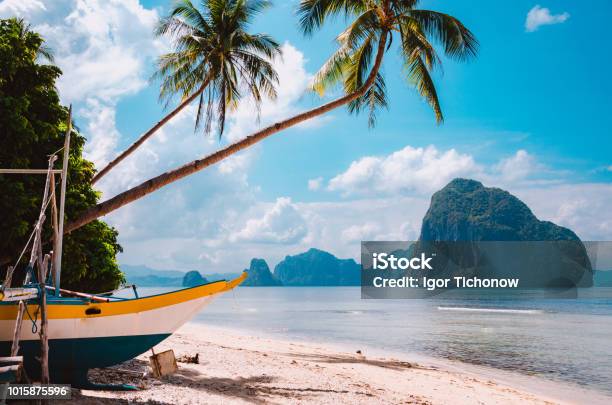 Banca Boat On Shore Under Palm Treestropical Island Scenic Landscape Elnido Palawan Stock Photo - Download Image Now