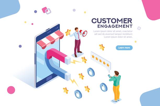 Customer Engagement for Like or Star Shopping process of customer. Infographic of Seo on a smartphone. Purchase on website campaign a message to engagement for a like or a star. Review of search content. Isometric flat vector customer engagement illustrations stock illustrations