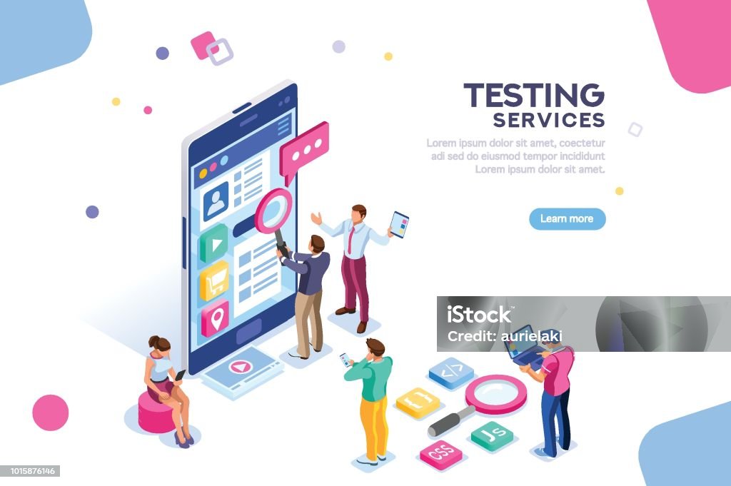 Software Testing Services Banner Testing process, coding team on software infographics. UX for smartphone, teamwork on device, content programming for seo. Flat isometric characters and text for designer content place. Scientific Experiment stock vector