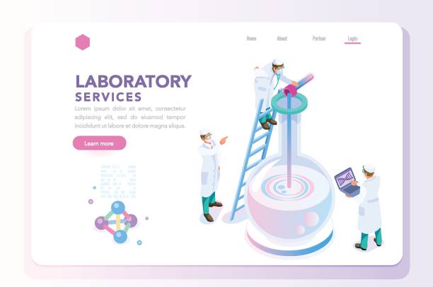 Health and Beauty Laboratory Banner Health and biochemistry laboratory of nanotechnology. Molecule helix of dna, genome or gene evolution. Vector beauty science genome clone sequence concept with characters. Flat isometric illustration. life science lab stock illustrations