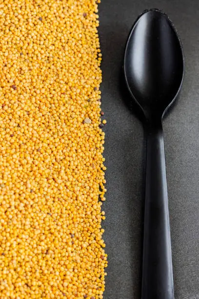 Yellow mustard seeds with spoon on a dark background